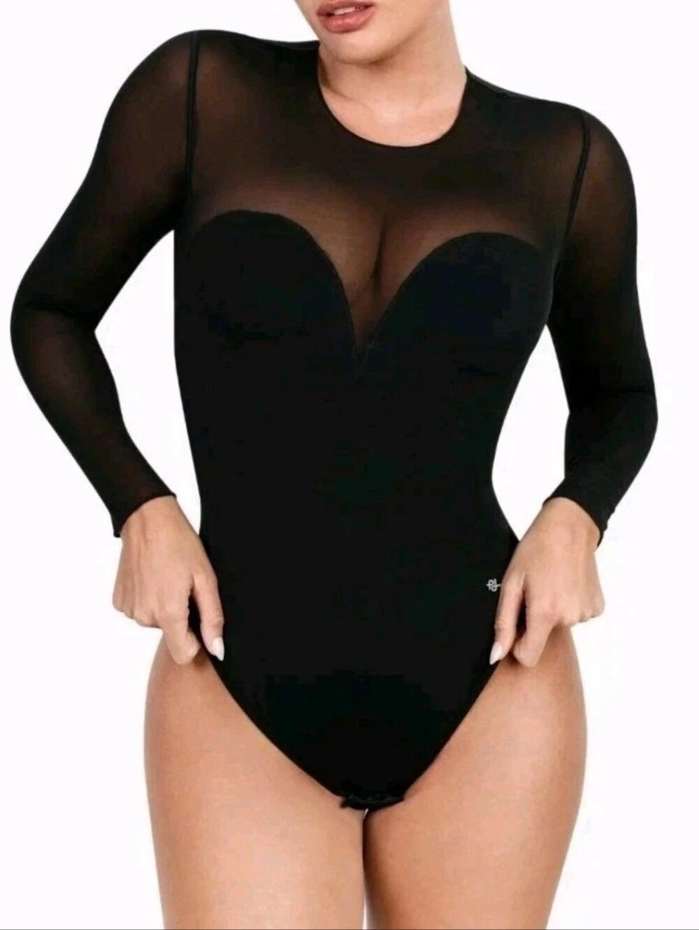 Popilush Black Sheer Mesh Long Sleeve Bodysuit Sweetheart Neck Shapewear NWT S
